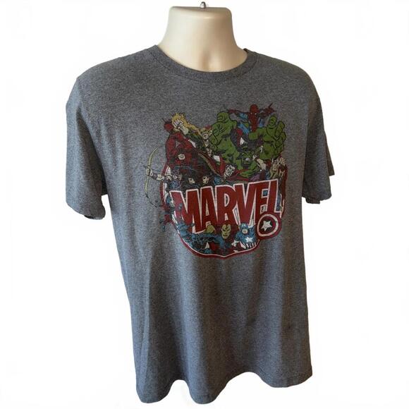 Marvel Shirt Mens Large Gray Short Sleeve Crew T-Shirt w/ Super Heros SIZE LARGE - Picture 1 of 3